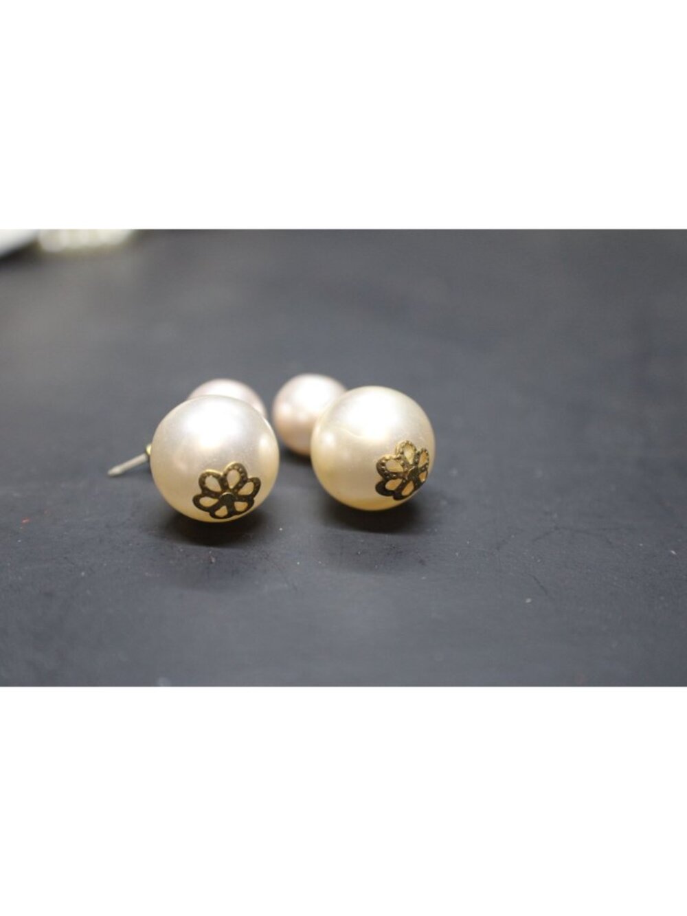 Double Faux Pearl Drop Earrings and Gold Floral Accents Pierce 2 Size Pearls Vtg - Picture 4 of 9